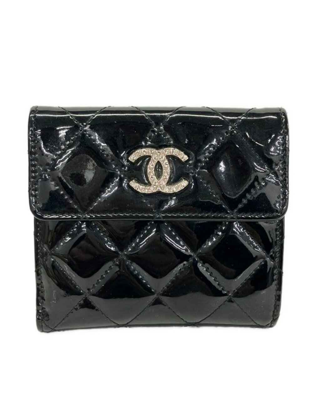 Chanel Snap Wallet Quilted Black CC Logo Silver Leather